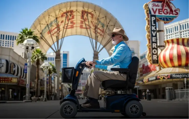 Man riding a mobility scooter rental from Cloud of Goods on Fremont Street in Las Vegas.